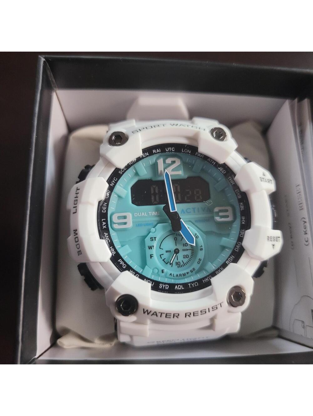 Activa White Sport Watch with Aqua Dial and Water Resistance